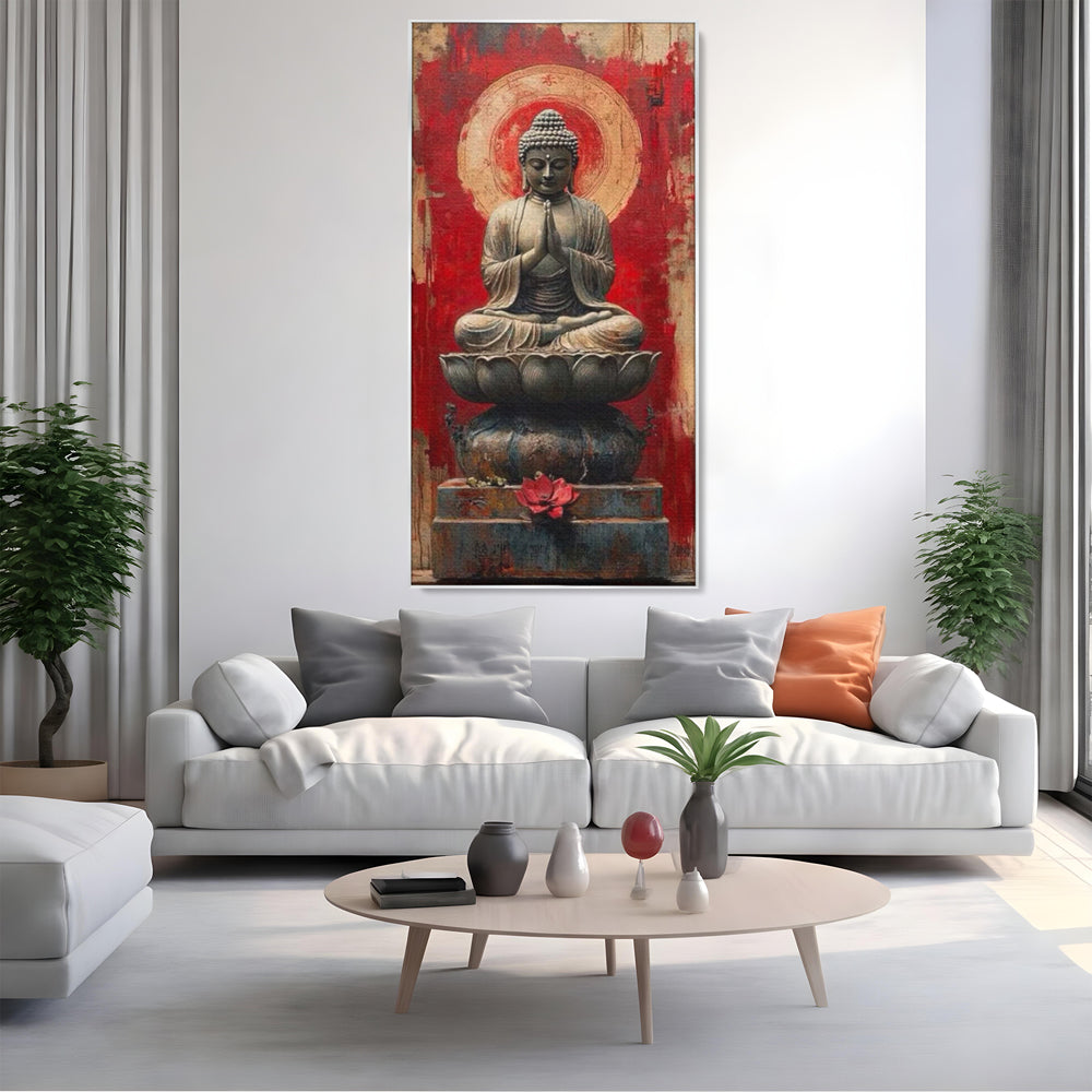 Tablou canvas cu tablou canvas cu statuie buddha pe floare de lotus, in rama de aluminiu argintiu, pe perete intr-un living